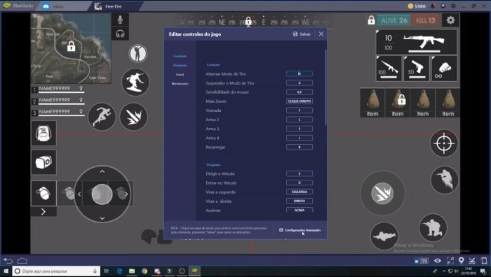 El sistema de configuración de la Garena Free Fire en el BlueStacks