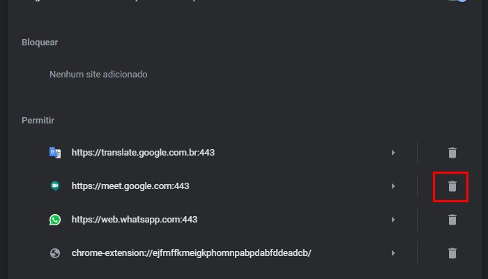 Proceso para retirar el permiso de un sitio web (Imagen: Reproducción / Google Chorme)